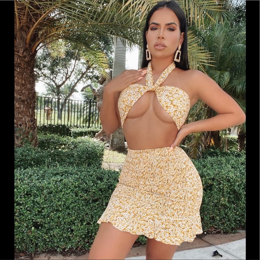 Two Piece Yellow Floral Skirt Set